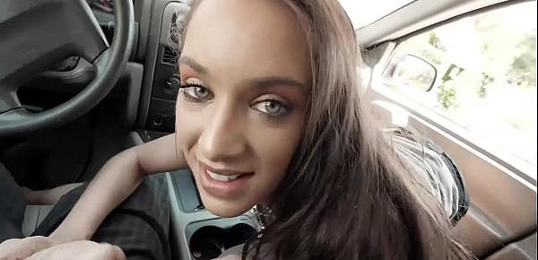  Uma Jolie gives her stepdad a blowjob in the car! And man, this hot teen sure knows how to suck cock! Jolie sucks and sucks until she is all sweaty!